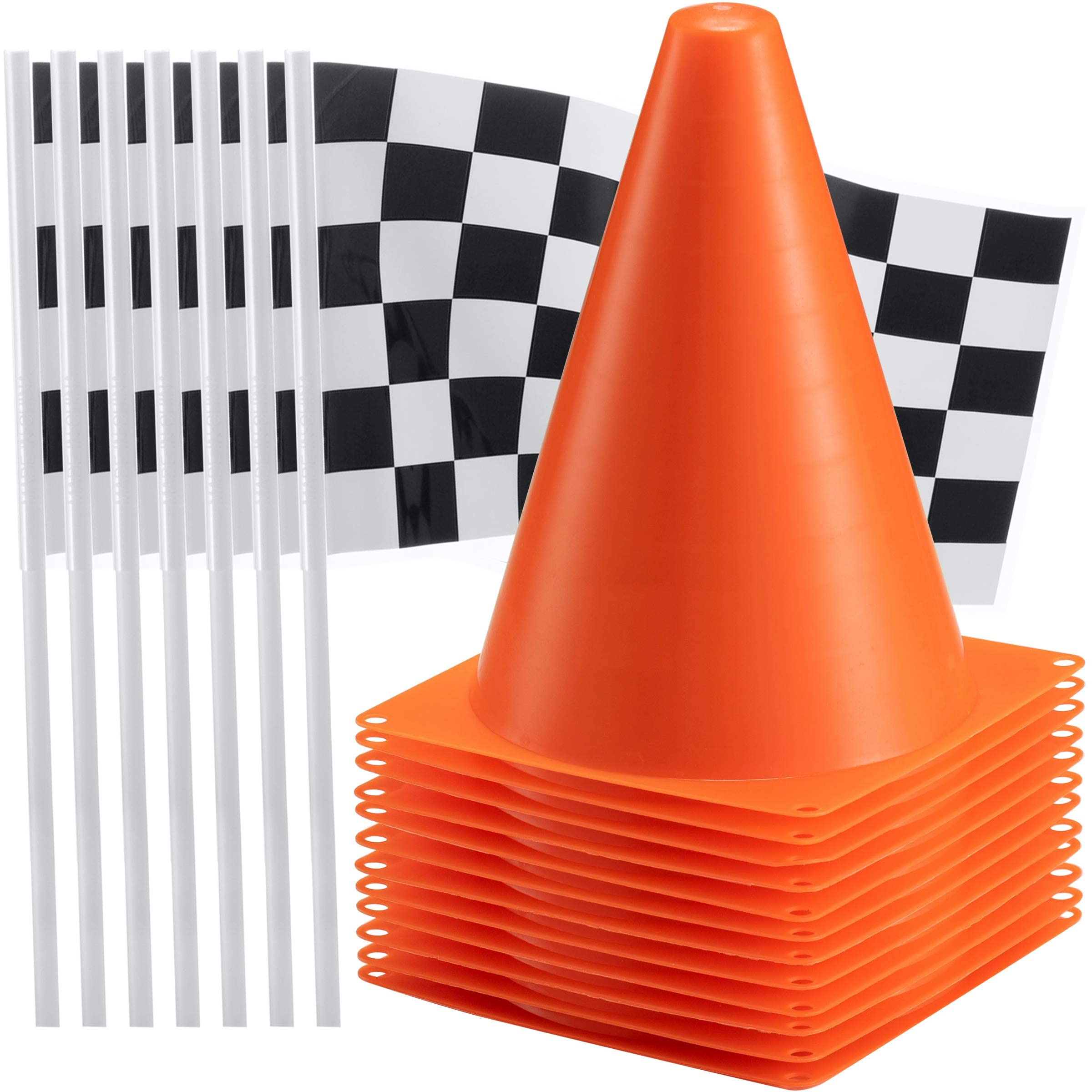 Bedwina Traffic Cones and Racing Checkered Flags - (24 Pcs) 12 - Black & White Flags on Sticks & 12-8-Inch Mini Orange Sports Safety Cones for Kids - Race Car Theme Birthday Centerpiece Party Decor